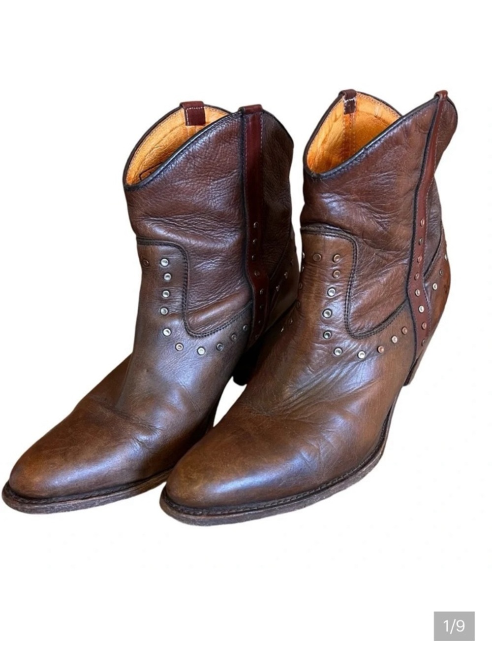 Frye Studded Brown Leather Ankle Booties Sz-8